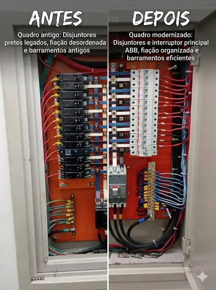 Antes e depois de reorganização de quadro elétrico