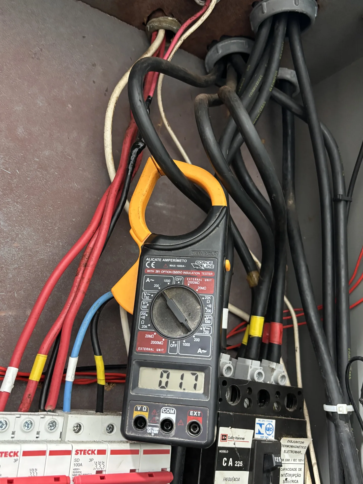 Medição elétrica com alicate amperímetro em painel durante avaliação da CWC